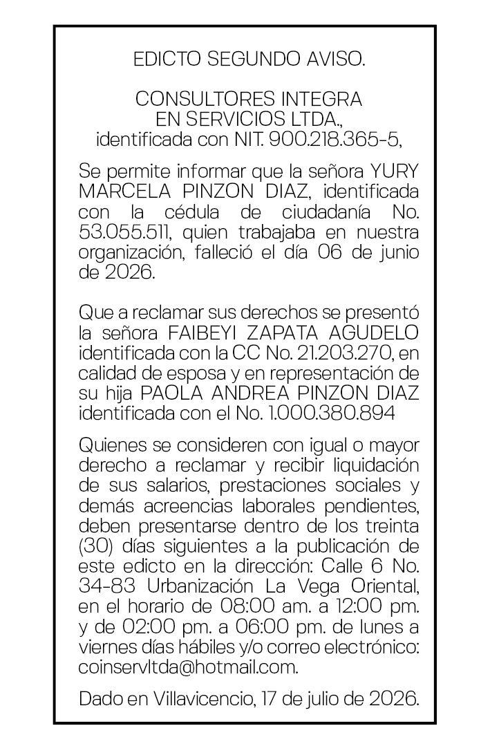 YURY MARCELA PINZON DIAZ - SEGUNDO AVISO - CONSULTORES INTEGRA EN SERVICIOS 1