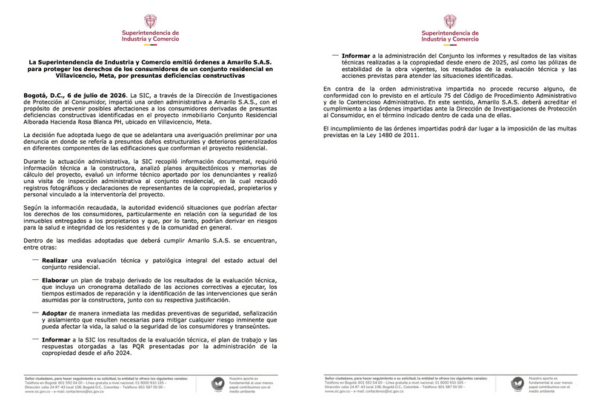 SIC pone la lupa sobre Amarilo por presuntas fallas en conjunto residencial de Villavicencio 2 SIC pone la lupa sobre Amarilo por presuntas fallas en conjunto residencial de Villavicencio 2