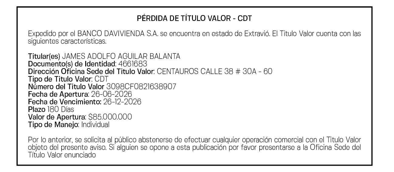 PÉRDIDA DE TÍTULO VALOR - CDT 3098CF0821638907 1