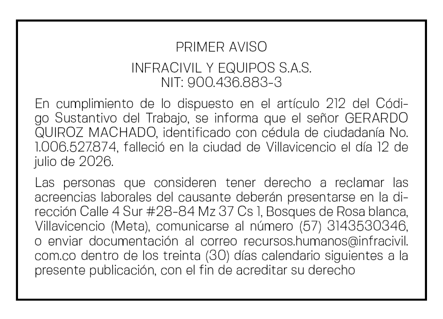 PRIMER AVISO - INFRACIVIL Y EQUIPOS S.A.S. - GERARDO QUIROZ 1