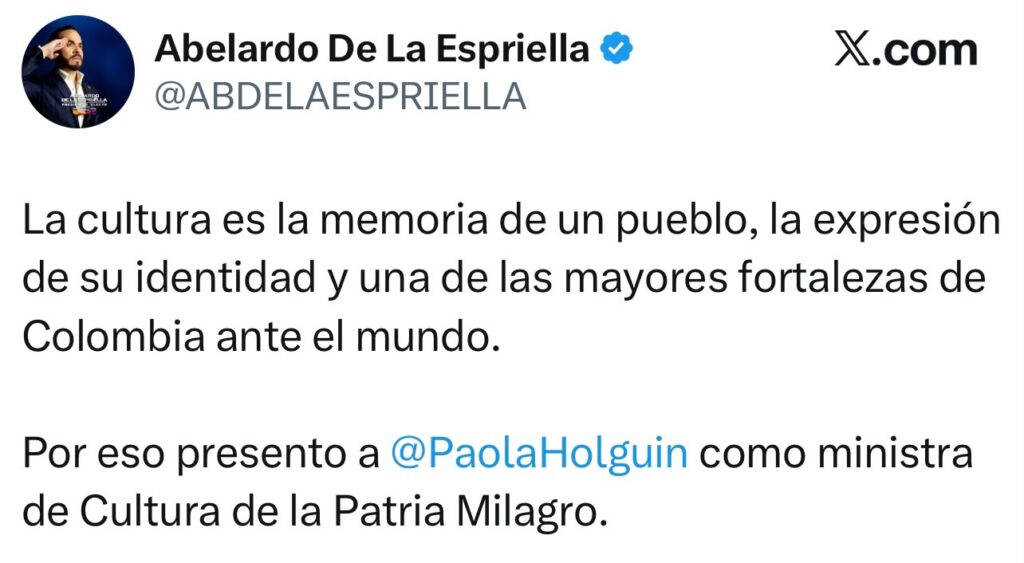 Paola Holguín será la ministra de Cultura del gobierno de Abelardo de la Espriella 2 Paola Holguín será la ministra de Cultura del gobierno de Abelardo de la Espriella 2