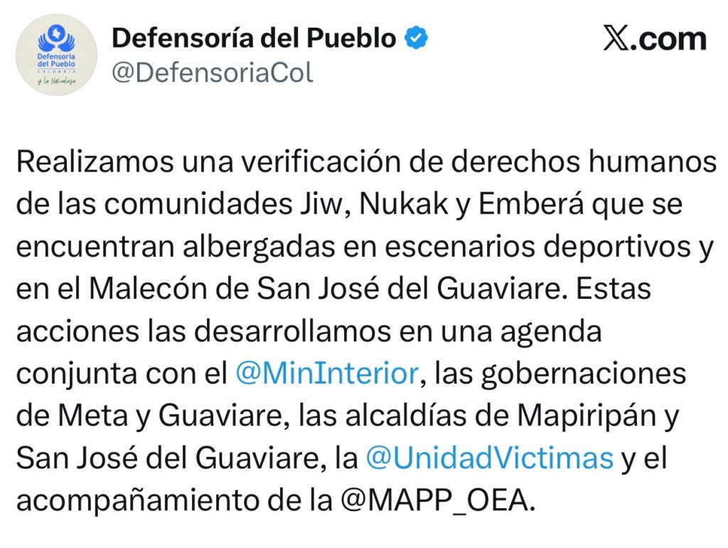 Verifican atención inmediata para indígenas desplazados por la violencia en Meta y Guaviare 3 Verifican atención inmediata para indígenas desplazados por la violencia en Meta y Guaviare 3