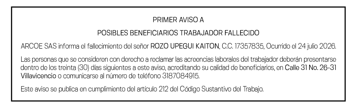 ARCOE - ROZO UPEGUI KAITON - PRIMER AVISO 1