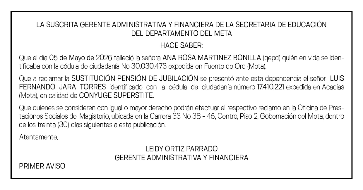 SECRETARIA DE EDUCACIÓN DEL META - ANA ROSA MARTINEZ BONILLA - PRIMER AVISO 1