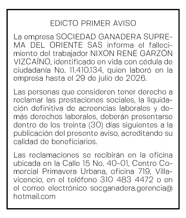 PRIMER AVISO SOCIEDAD GANADERA SUPREMA DEL ORIENTE - NIXON RENE GARZÓN VIZCAÍNO 1