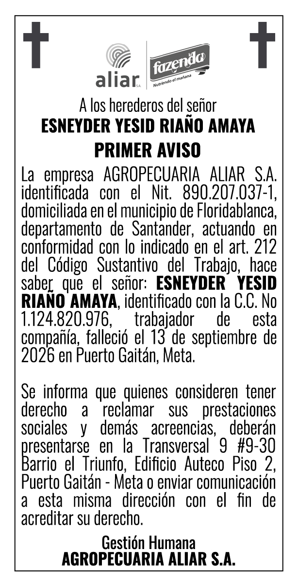ALIAR - SNEYDER RIAÑO - PRIMER AVISO 1