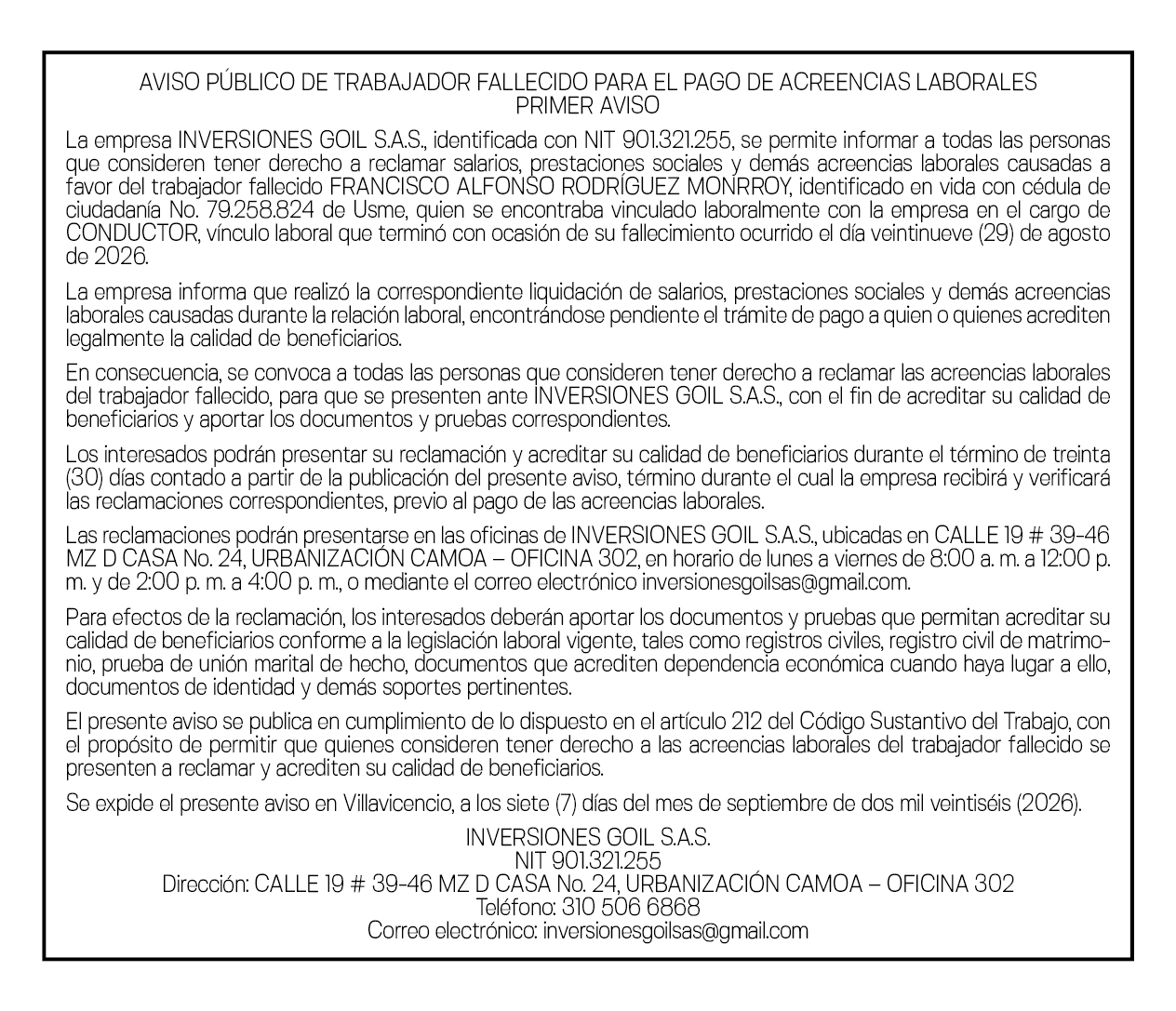 INVERSIONES GOIL FRANCISCO ALFONSO PRIMER AVISO 1