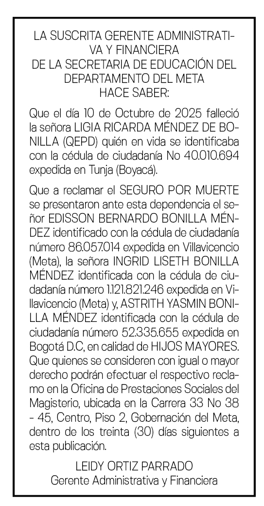 SECRETARIA DE EDUCACION DEL DEPARTAMENTO DEL META LIGIA RICARDA MENDEZ DE BONILLA 1