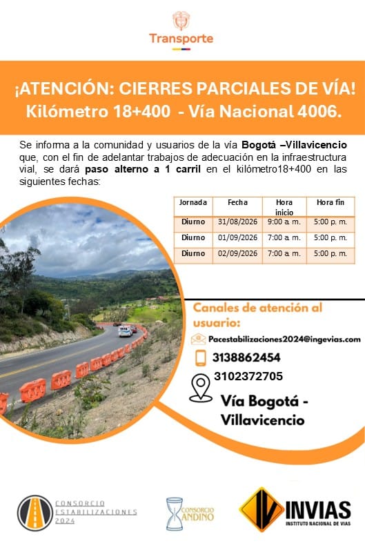 Habrá pasos alternos y reducción de carril en la vía Bogotá-Villavicencio por obras de Invías 2
