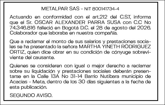 METALPAR - OSCAR ALEXANDER PARRA - SEGUNDO AVISO 1