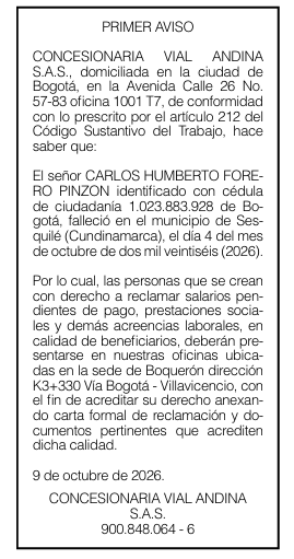 CONCESIONARIA VIAL ANDINA - CARLOS HUMBERTO FORERO - PRIMER AVISO 1